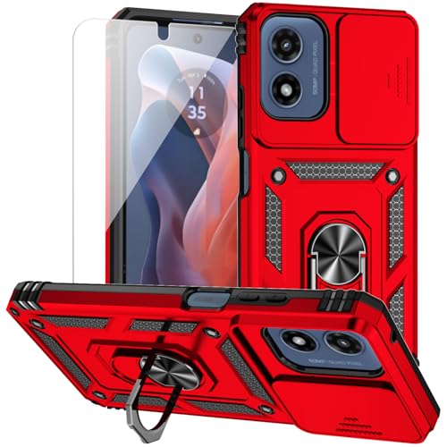 for Moto G Play 2024 Case with Camera Lens Cover HD Screen Protector, Dual Layer Military-Grade Drop Tested Magnetic Ring Holder Kickstand Protective Phone Case for Motorola Moto G Play 4G 2024 (Red)