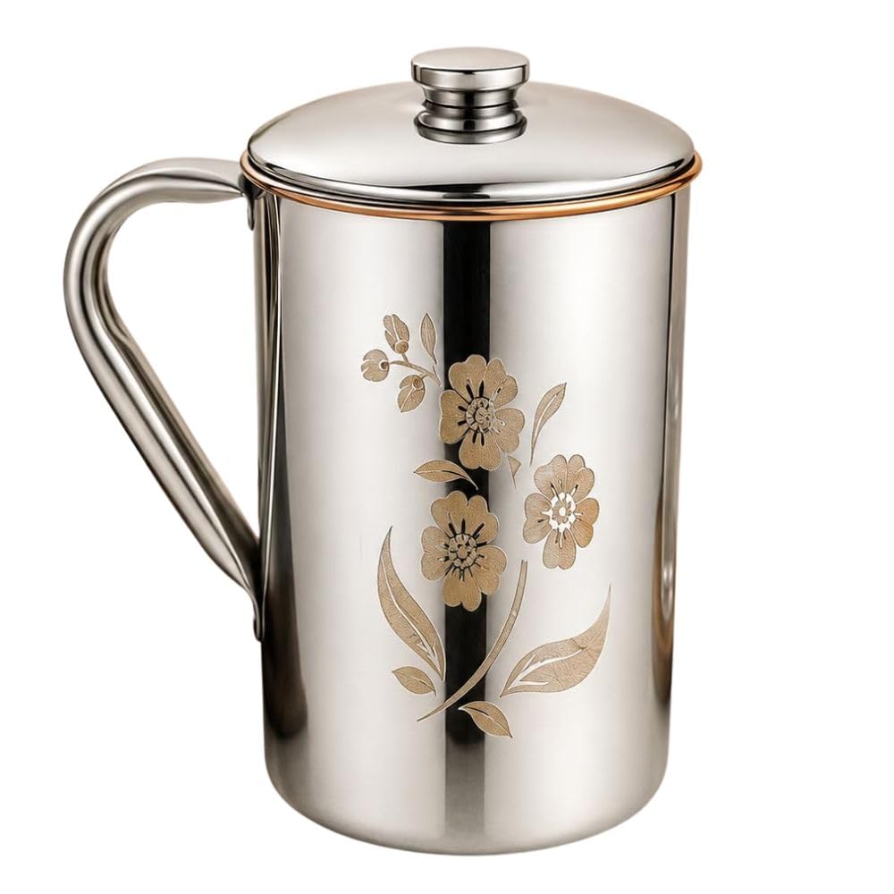 Stainless Steel Copper Water Jug 1.5 Litre with Lid Floral Design Water Pitcher Food Grade Steel Serving Pot for Home Kitchen Dining Table Office Hotel Restaurant-picture-56