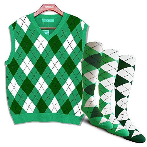 GolfKnickers Argyle Sweater Vest and 3 Sock Set: Mens - Pullover Golf Vest - Lime/Dk Green/White - Large