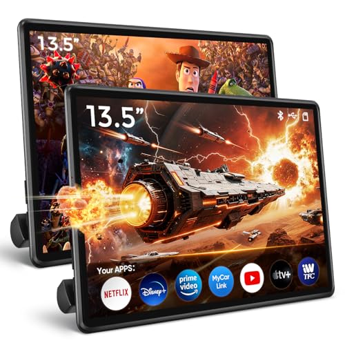 13.5' Android Headrest Monitor Screen Portable Car TV Supports Phone MirrorLink/HDMI in OUT/5G WiFi/Bluetooth/USB Rear Seat Entertainment Video Player 4G Ram+64G ROM 2PCS