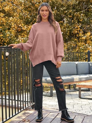Image of LILLUSORY Women's Oversized Batwing Sweaters 2026 Fall Outfits Trendy Crewneck Knit Side Slit Fashion Pullover Tops