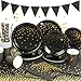 Yidaxing Nero e Dorate Stoviglie per Feste, Set Biodegradabili Nero Oro Piatti Carta Tovaglioli Cannucce Tovaglia Banner per Nuziale Doccia Fidanzamento Matrimonio Nascita Compleanno (24 Ospiti)