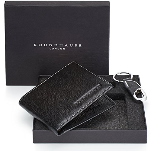 Preisvergleich Produktbild Roundhause Designer Herren Wallet schlank Bi falten Brieftasche Kreditkarte Geldbeutel Halter Veranstalter Papier Geldbörse und Leder Schlüsselanhänger Geschenke für männer Set (Schwarz)