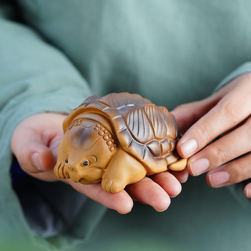 Hormsdar Hand-Made Purple Clay Snapping Turtle Tea Pet Tortoise Statue Kung Fu Tea Tray Decor Tea Lover's Gift Home Office Desk Feng Shui Ornament