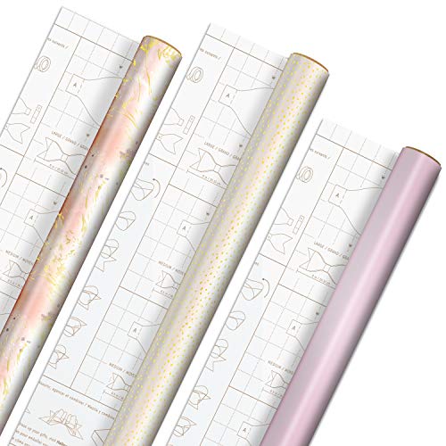 Hallmark Pink and Gold Wrapping Paper with DIY Bow Templates on Reverse (3-Pack: 75 sq. ft. ttl) for Christmas, Birthdays, Weddings, Bridal Showers, Crafts