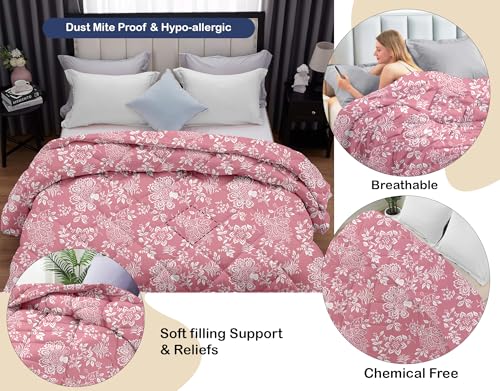 Image of AYKA Reversible AC Comforter 150 GSM Microfiber Summer Blanket Double Bed (90x100 Inches) | Printed Floral Design Cooling Quilt for AC Room | Soft Breathable Duvet Pink & White