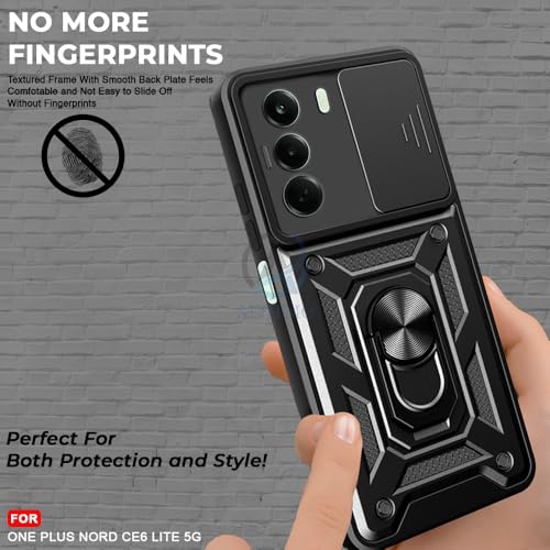 Image of AESTMO Tough Armor OnePlus Nord CE 6 Lite 5G Bumper Back Case Cover | Ring Holder & Sliding Camera Shield Cover | 360 Degree Protection Back Case Cover for OnePlus Nord CE 6 Lite 5G (Black)