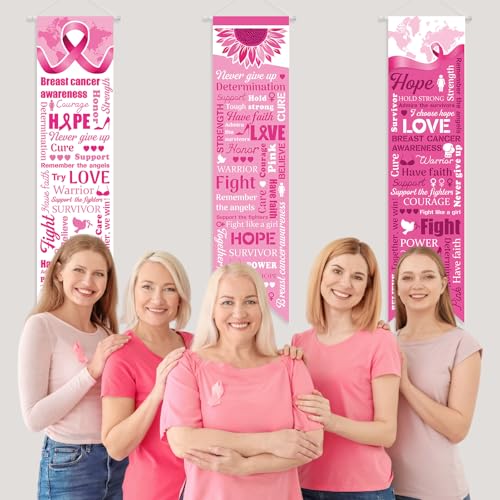 Image of Chiisong 3 Pieces Breast Cancer Awareness Decorations Pink Ribbon Banners Porch Signs Awareness Ribbon Hanging Backdrops for Indoor Outdoor Breast Cancer Party Decor Supplies