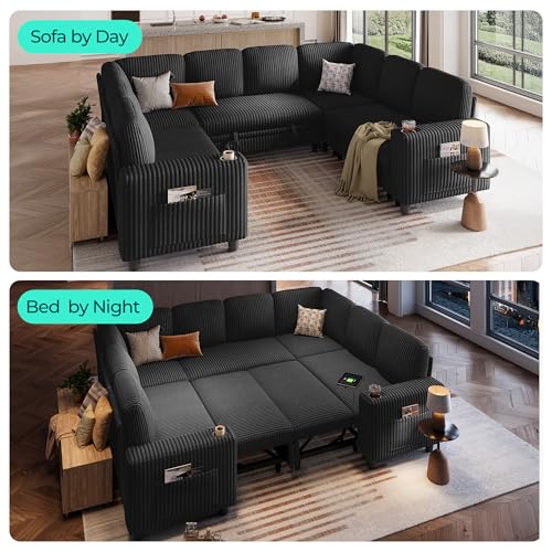 Image of LINSY Home 106 inch Modular Sectional Couch with Pull Out Bed, U Shaped 8 Seats Sofa with Storage, Corduroy Convertible Sofa Bed, USB, Cup Holders, Side Pocket, Sleeper Sofa for Living Room,Black