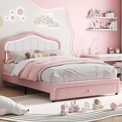 Image of GarveeLife Upholstered Platform Bed Frame with Storage Drawers, Smart RGB LED Crown Headboard, Wooden Slat Support, No Box Spring Needed, Noise-Free, Easy Assembly for Kids,Full Pink&White