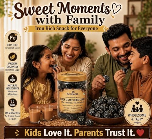 Image of Keraloma Premium Black Sesame Chikki Ladoo 700g (Karutha Ellunda) | Til Gud Ladoo | Jaggery Laddu | Traditional Healthy Indian Sweet Snack | Rich in Calcium & Iron | Source of Plant-Based Protein | Naturally Sweetened with Jaggery | No Preservatives or Added Colours | Handmade Traditional Recipe | Reusable PET Jar for Prestige Gifting