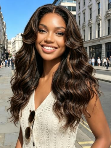 Image of KLAIYI Pre everything 13x4 Lace Frontal Yaki Straight Ombre Chestnut Brown Highlight Loose Body Wave Human Hair Wig Drawstring Bang Glueless Ready to Wear and Go Wig Pre Plucked Bleached Knots 18Inch