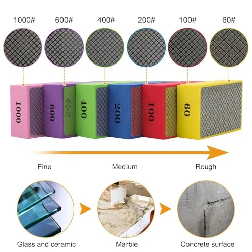 Linkstyle 6PCS Diamant Handpolierpads, Diamant Schleifpads, Schleifblock mit Schaumrücken für Glas, Fliesen 60# 100# 200# 400# 600# 1000#