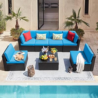 Devoko 7 Pieces Outdoor Sectional Sofa Patio Furniture Sets Manual Weaving Wicker Rattan Patio Conversation Sets with Cushion and Glass Table (Blue)