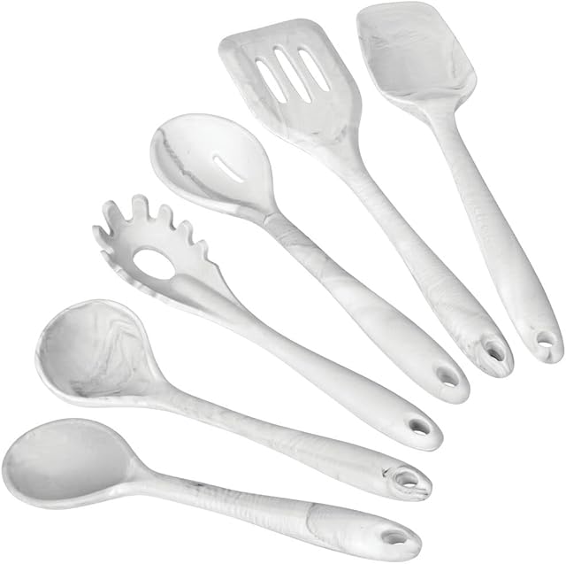 mDesign Set of 6 Kitchen Accessories Made of Metal and Silicone Practical Kitchen Utensils Set with Hole for Hanging Essential Kitchenware Set Marbled