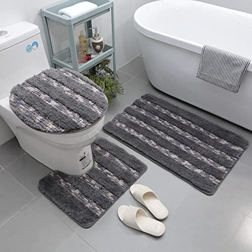 NUKied 3 Pieces Bath Mat Non Slip Bathroom Rug Sets Waterproof Absorbent Extra Thick Machine Washable Bathroom Mat & Contour Mat & Lid Cover Stripe Pattern