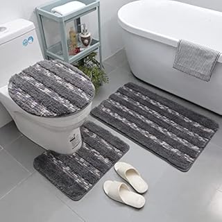 NUKied 3 Pieces Bath Mat Non Slip Bathroom Rug Sets Waterproof Absorbent Extra Thick Machine Washable Bathroom Mat & Contour Mat & Lid Cover Stripe Pattern