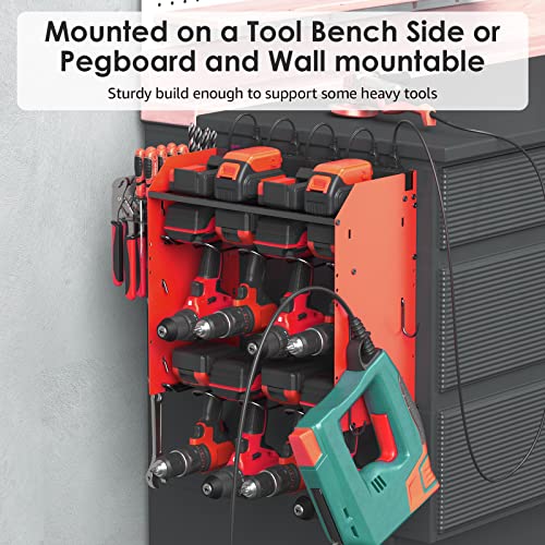 Cccei Modular Power Tool Organizer Wall Mount Charging Station, Red 8 Cord-Less Drills Gun Holder With Power Strip, Garage Shop Drill Battery Tools Shelf, Utility Rack With Hooks, Side Storage. #TOP6