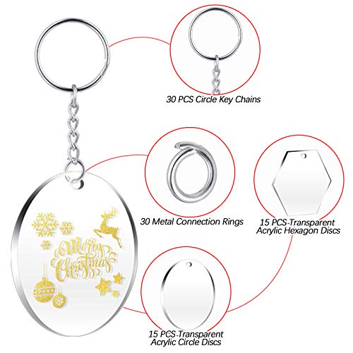 90 Pieces Acrylic Transparent Circle Blanks Set, 15 Pieces Transparent Acrylic Circle Discs,15 Pieces Hexagon Discs with Circle Key Chains and Keyrings for DIY Projects and Crafts