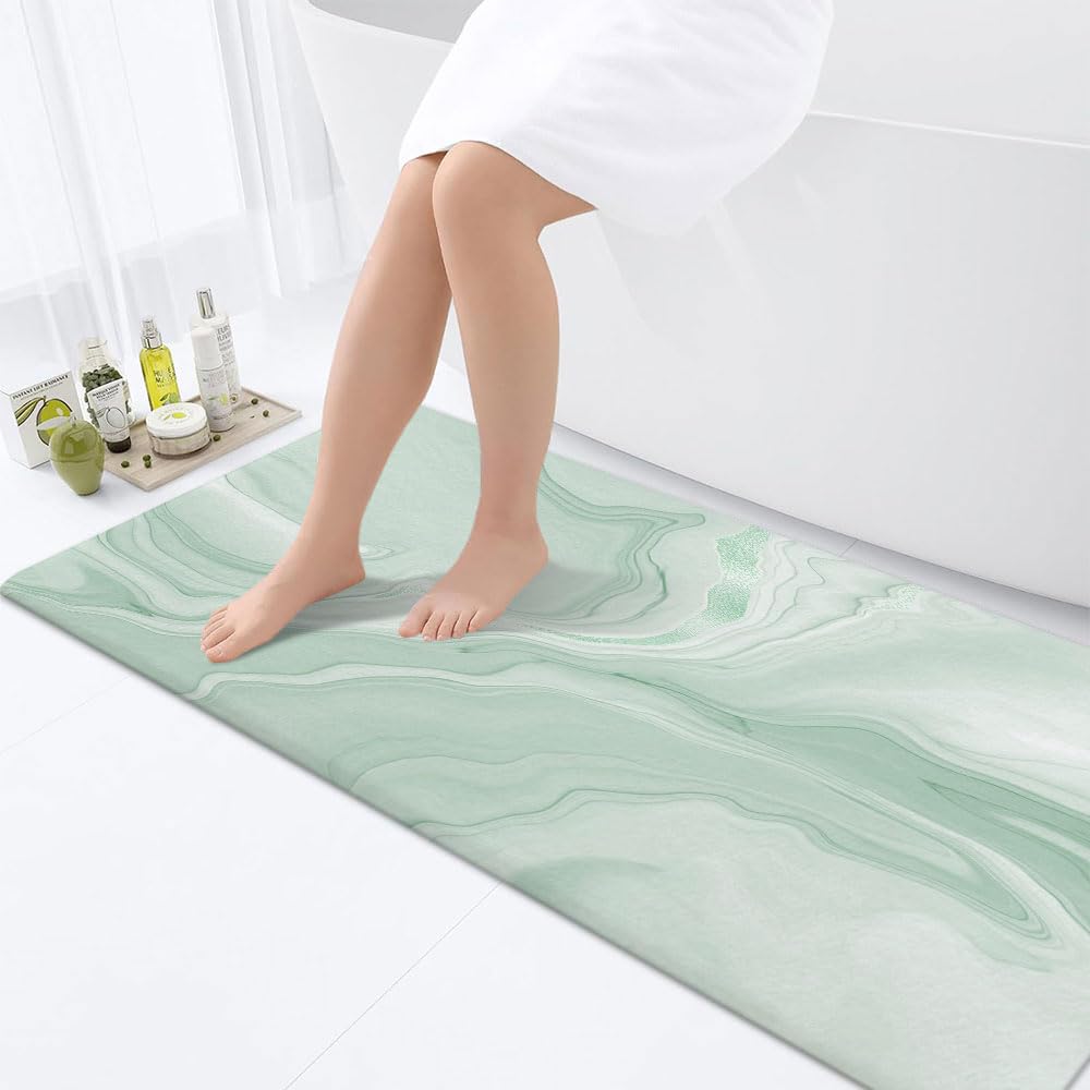 MERCHR Mint Green Bathroom Rug Mat, Abstract Marble Bath Mats for Bathroom Non Slip, Modern Bath Rug Soft Luxury Microfiber Floor Rug for Tub Shower 17" x 48"