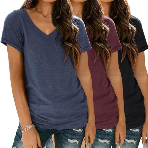 3 Pack V Neck T Shirts for Women Short Sleeve Tshirts Summer Casual Tops Loose Fit Basic Tees