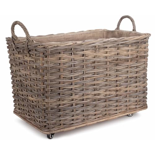 XL Log Basket with Wheels Rustic Style Lined Log Store with Handles Living Room Hearthside Storage Accessory Log Storage Kindling Basket Firewood Rack