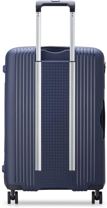 Rear view of DELSEY PARIS ORDENER luggage showing the telescopic handle mechanism