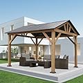 10‘x12’ Outdoor Patio Wooden Gazebo - Cedar Solid Wood Gazebo with Galvanized Steel Roof, Wooden Frame, Pavilion Gazebo for Lawns, Beach, Patio, Garden