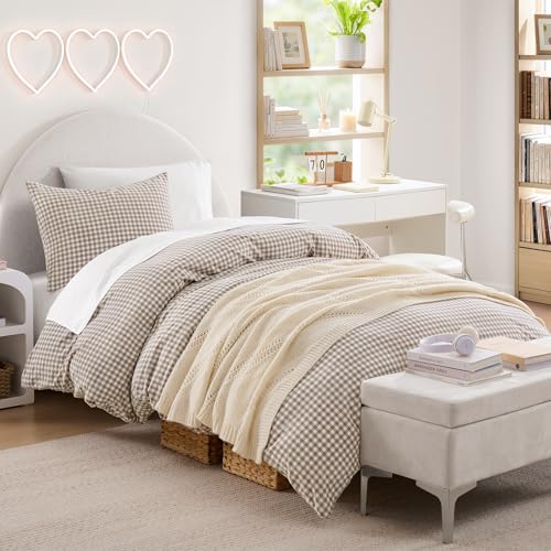 Image of Andency Tan Gingham Duvet Cover Twin, 100% Wash Cotton Linen Like Textured Breathable Comforter Cover Set, 2 Piece Brown Classic Yarn-Dyed Checkered Plaid Bedding Set for Dorm Kids Teens, 66 inch*90 inch