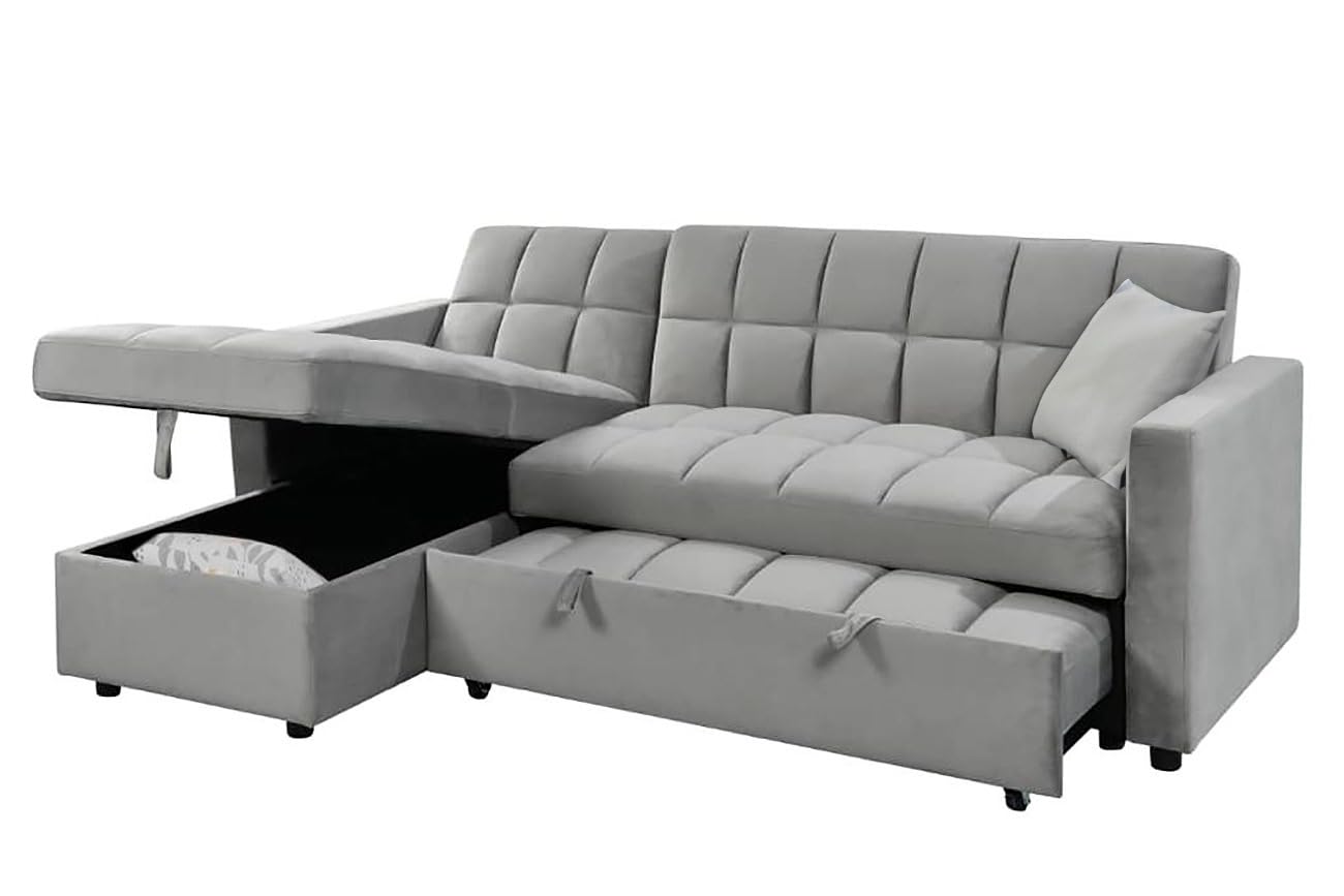 Sofá Cama Chaise Longue 210x145 cm - Chaise Longue Reversible Ambos Lados con Arcón, Sofa Rinconera con Sistema de Arrastre, Armazón de Pino Macizo - Gris Terciopelo