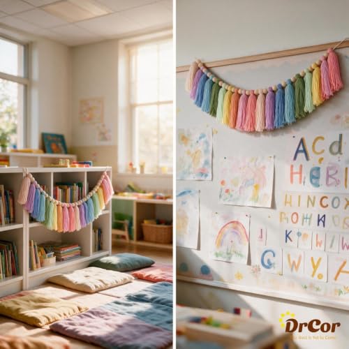 Image of DrCor Pastel Rainbow Tassel Garland - Colorful Boho Girls Bedroom Decor