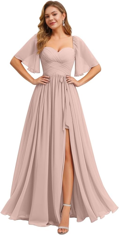 IIF Women's Chiffon Bridesmaid Dresses for Wedding Flutter Sleeves Ruched A Line Long Formal Dress with Slit IIF149