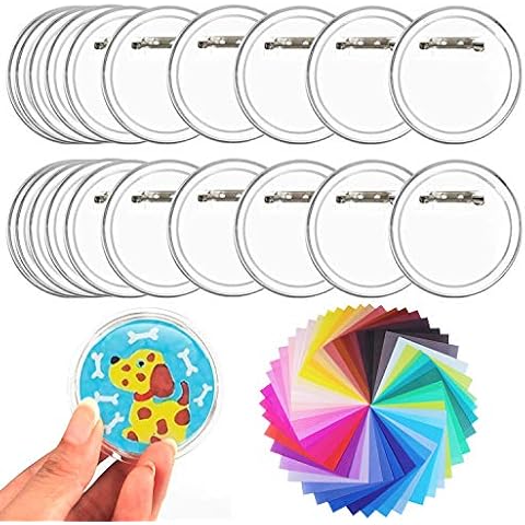 Wendergo 30 Pcs Button Clear Badges 6cm Acrylic Design Clear Button Badges with Pins + 100 Pcs Colorful Hancraft Papers for Making Badges DIY Craft Supplies Cover