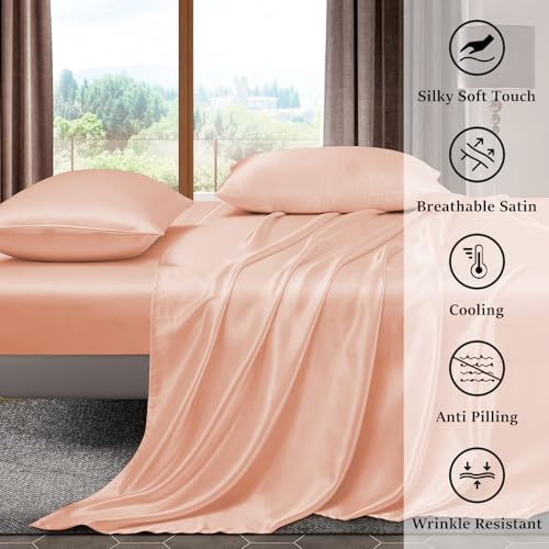 Image of Homestan Satin Bedsheet for King Size Bed with 2 Pillow Covers, Modern Bed Sheet for Romantic Nights(100x108 inches, Peach)