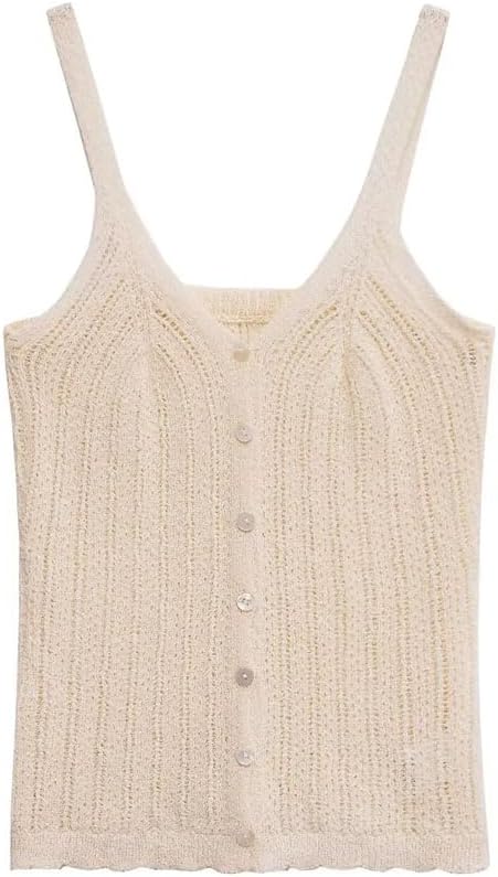 Women's Single-Breasted Suspender V-Neck Hollow Knit Top