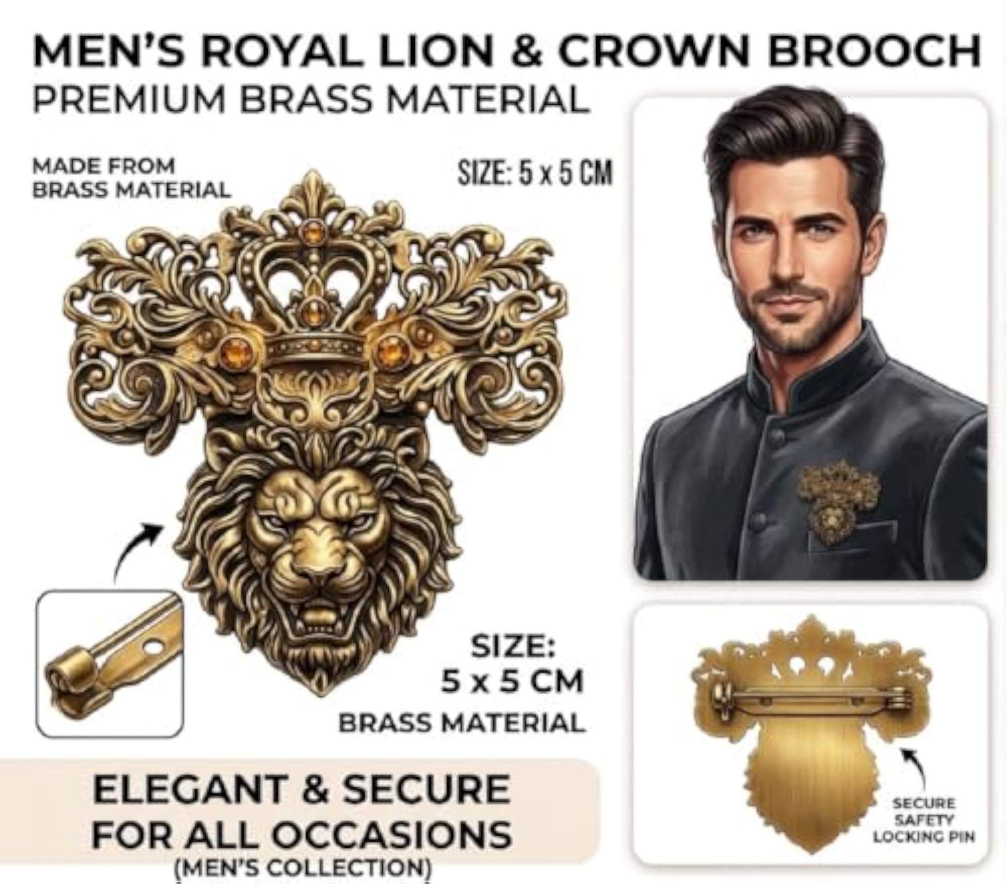 Gold Lion Crown Brass Brooch, Vintage Luxury Lapel Pin
