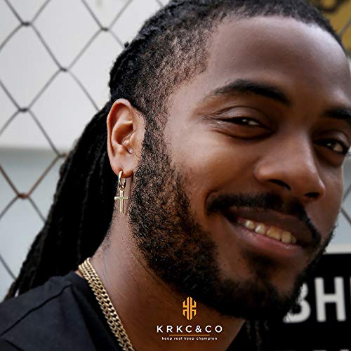 Krkc&Co Gold Hoop Earrings For Men, Sterling Silver Cross Earrings, Dangle Earrings, Hypoallergenic Urban Street-Wear 15Mm Round Gold Hoop Hinged Hanging Earrings #TOP4