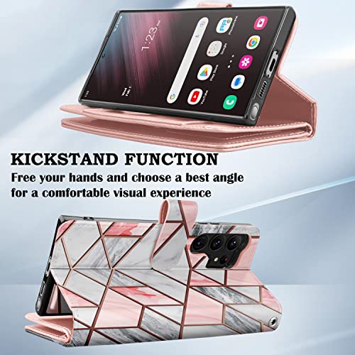 Takfox Wallet Case For Samsung Galaxy S23 Ultra, Galaxy S23 Ultra 5G Case, Leather Credit Card Slots Holder Folio Flip Cover [Kickstand] Detachable Magnetic Phone Case & Lanyard-Marble #TOP4