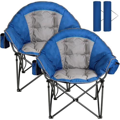 Image of Romswi 2-Pack Oversized XXL Padded Camping Chairs for Adults, 500lbs Heavy Duty Support, 500G Ultra-Thick Cushion Sofa-Like Comfort, Folding Lawn Chair with Cooler Bag & Side Pockets, Blue /Gray