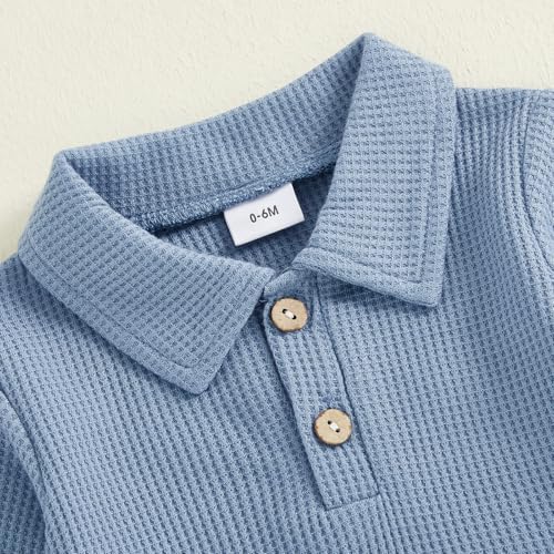 Toddler Baby Boy Long Sleeve Shirt Waffle Knit Fall Clothes Solid Color Polo Pullover Top Sweatshirt (Blue, 12-18 Months)
