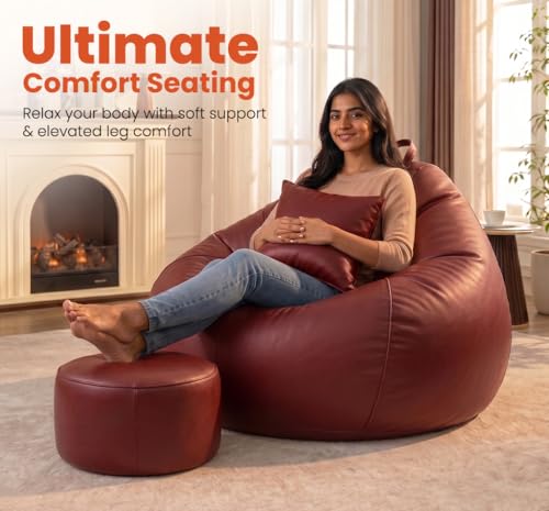 Image of Sattva Classic 2XL Bean Bag Chair with Beans Filled | Sofa Style Faux Leather Beanbags with Footstool & Cushion | Pre-Filled Bin Bags Sofa & Beam Bag for Adults | Home & Office, Tan