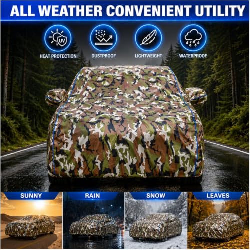 Image of Waterproof Car Body Cover for Kwid All Weather Protection Comes with Inner Cotton Lining & Triple Stitched with Mirror & Antenna Pocket Belt & Elastic Fit Army with Yellow Piping