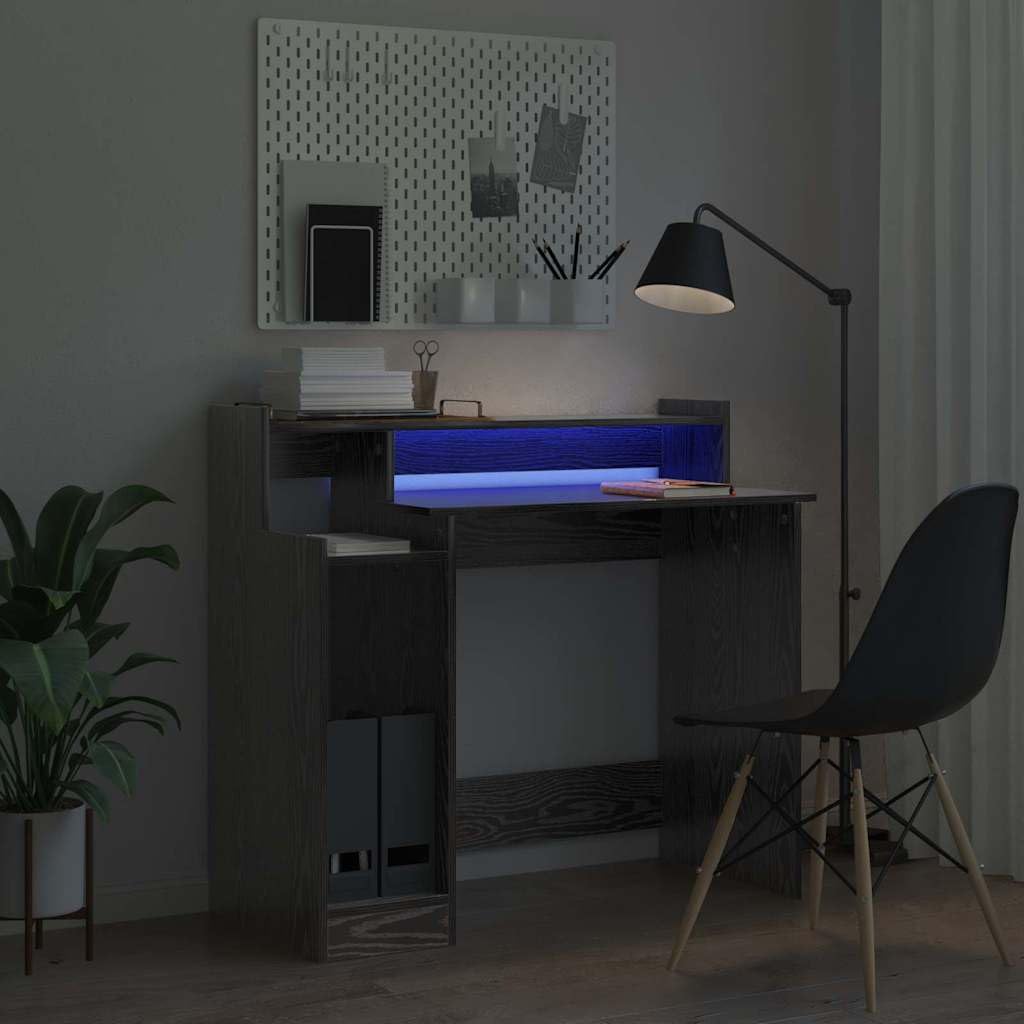 Schreibtisch Schwarz Eichen-Optik Holzwerkstoff 97 x 45 x 90 cm mit LED-Beleuchtung USB-Anschluss und 3 Regalen für Büro Homeoffice Arbeitszimmer Arbeitsplatz