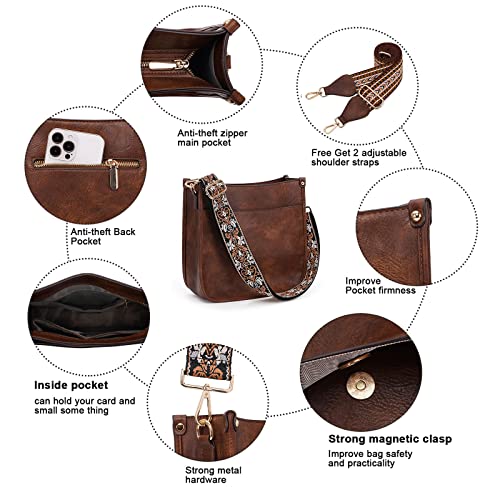 Image of HKCLUF Crossbody Bags for Women Trendy Vegan Leather Hobo Handbags With 2PCS Adjustable Guitar Strap Shoulder Bucket Bags
