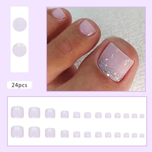 Miniatura 2 de Uñas cortas a presión, uñas blancas a presión, uñas postizas con purpurina en polvo, manicura de verano, uñas falsas para uñas de los pies, uñas