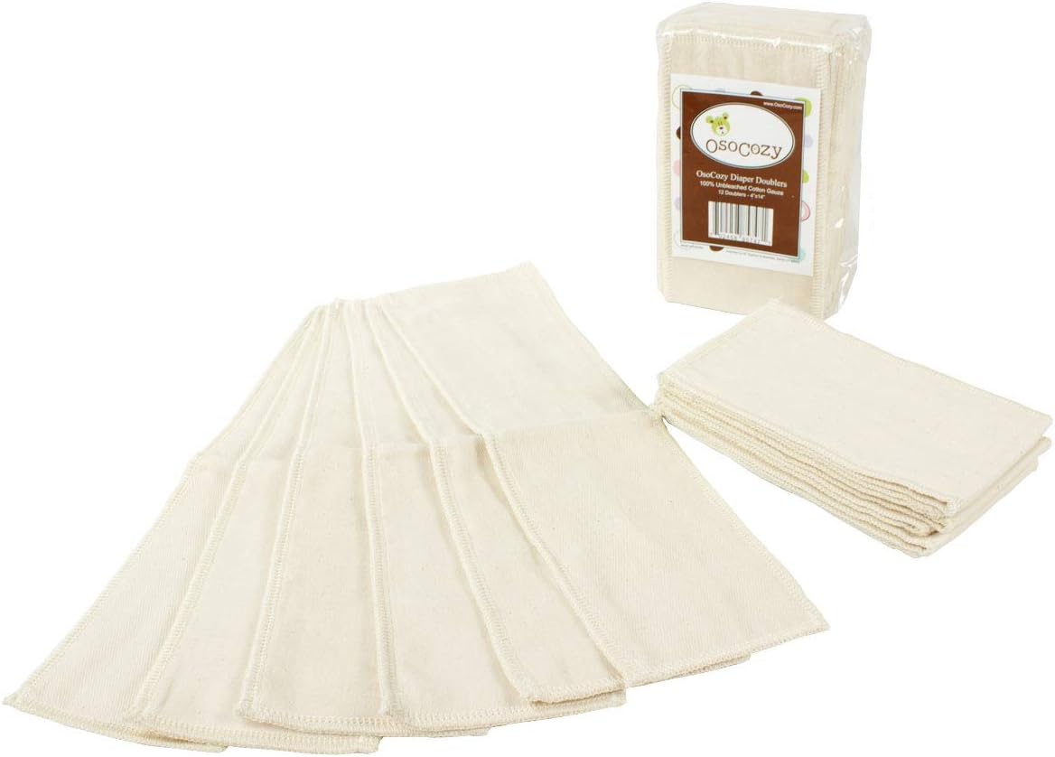 OsoCozy Unbleached Gauze Cloth Diaper Doublers - 6-Layer 100% Cotton 4x14in Inserts, 12 Pack for Extra Absorbency in Cloth Diapers