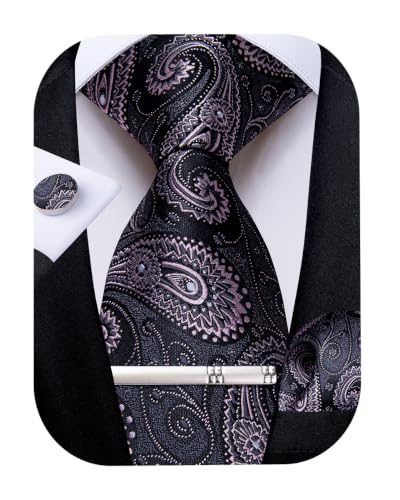 Image of DiBanGu Silk Floral Ties for Men Woven Paisley Necktie and Tie Clip Handkerchief Cufflinks Set for Party Wedding