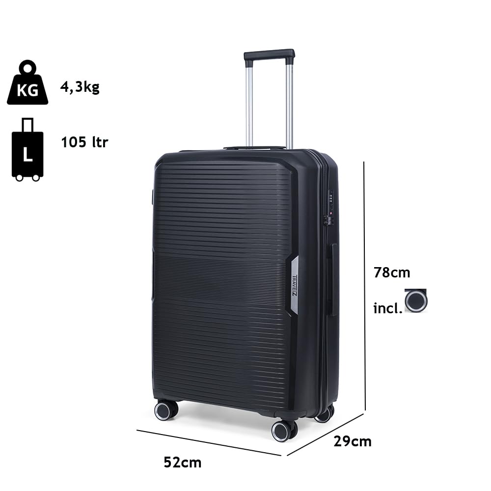TravelZ Swinger Duża walizka podróżna 105ltr - Twarda walizka z zamkiem TSA i 4 kółkami (Czarny, 78cm)