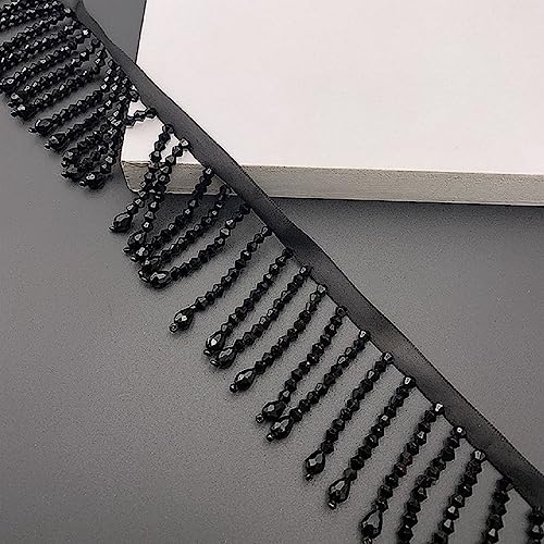 Yalulu 2 Yards Beaded Fringe Trim, 2.1inch Wide Crystal Beads Tassel Lace Ribbon, Tassel Trim Fringe Fabric DIY Craft Sewing Accessory (Black)