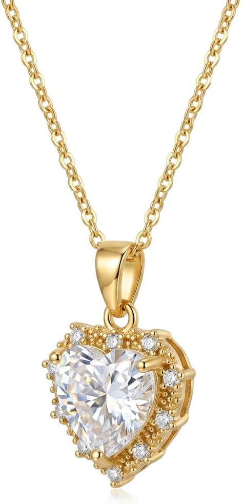 14K Gold Plated Cubic Zirconia Halo Heart Pendant Necklace for Women